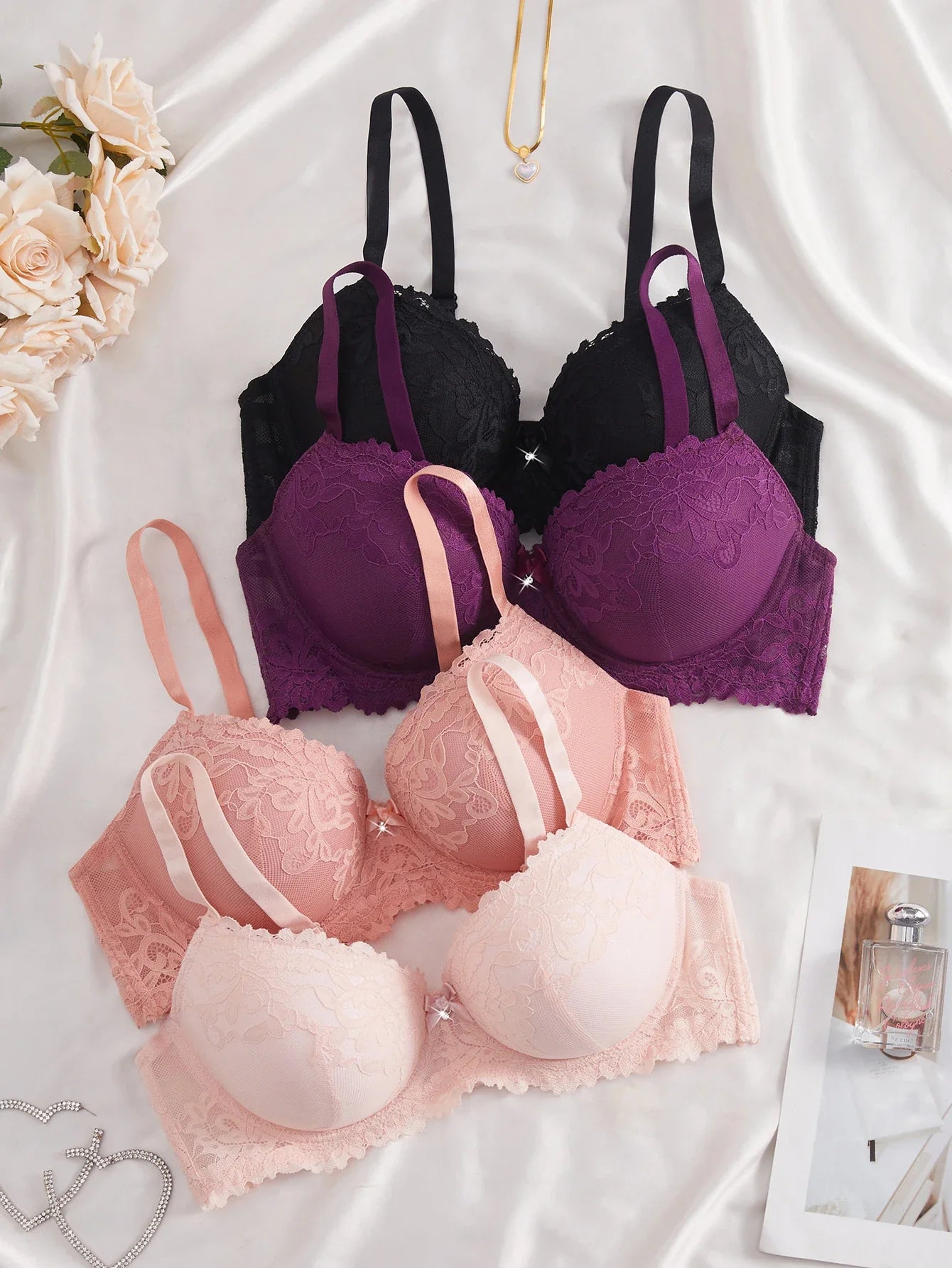 4PCS Plus Size Women's Bras Floral Lace Underwire Underwear Set Side Support Push Up Daily Comfort Full Cup Lingerie Set