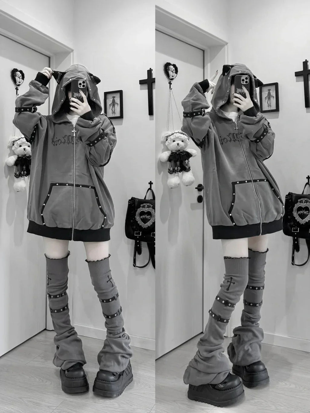 Streetwear Harajuku Hoodies Jackets Women's Clothing Hooded Punk Zipper Coat Japanese Rivet Print Vintage Casual Y2k Sweatshirts