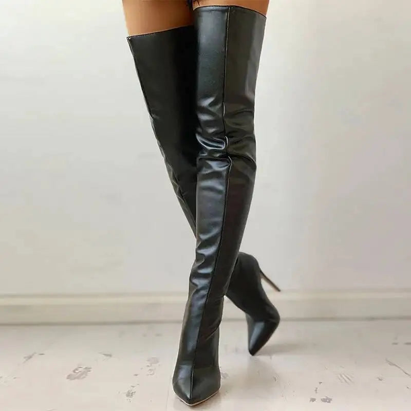 2026 Black Over The Knee Boots Stiletto High Heels 11 Cm Club Party Slim Leg Boots Size 46 Waterproof Personality Boots