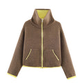 2025 Winter New Product Women's Lazy Style Loose Contrasting Color Decorative Layer Knitted Pilot Jacket Coat