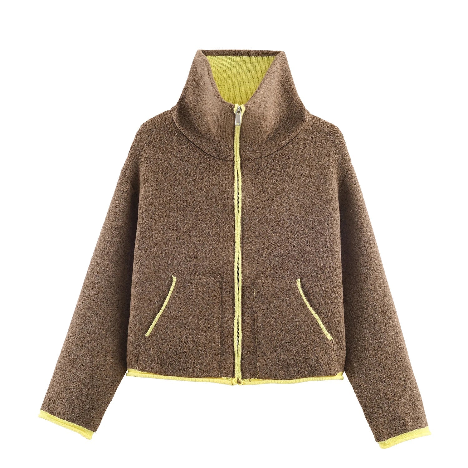 2025 Winter New Product Women's Lazy Style Loose Contrasting Color Decorative Layer Knitted Pilot Jacket Coat