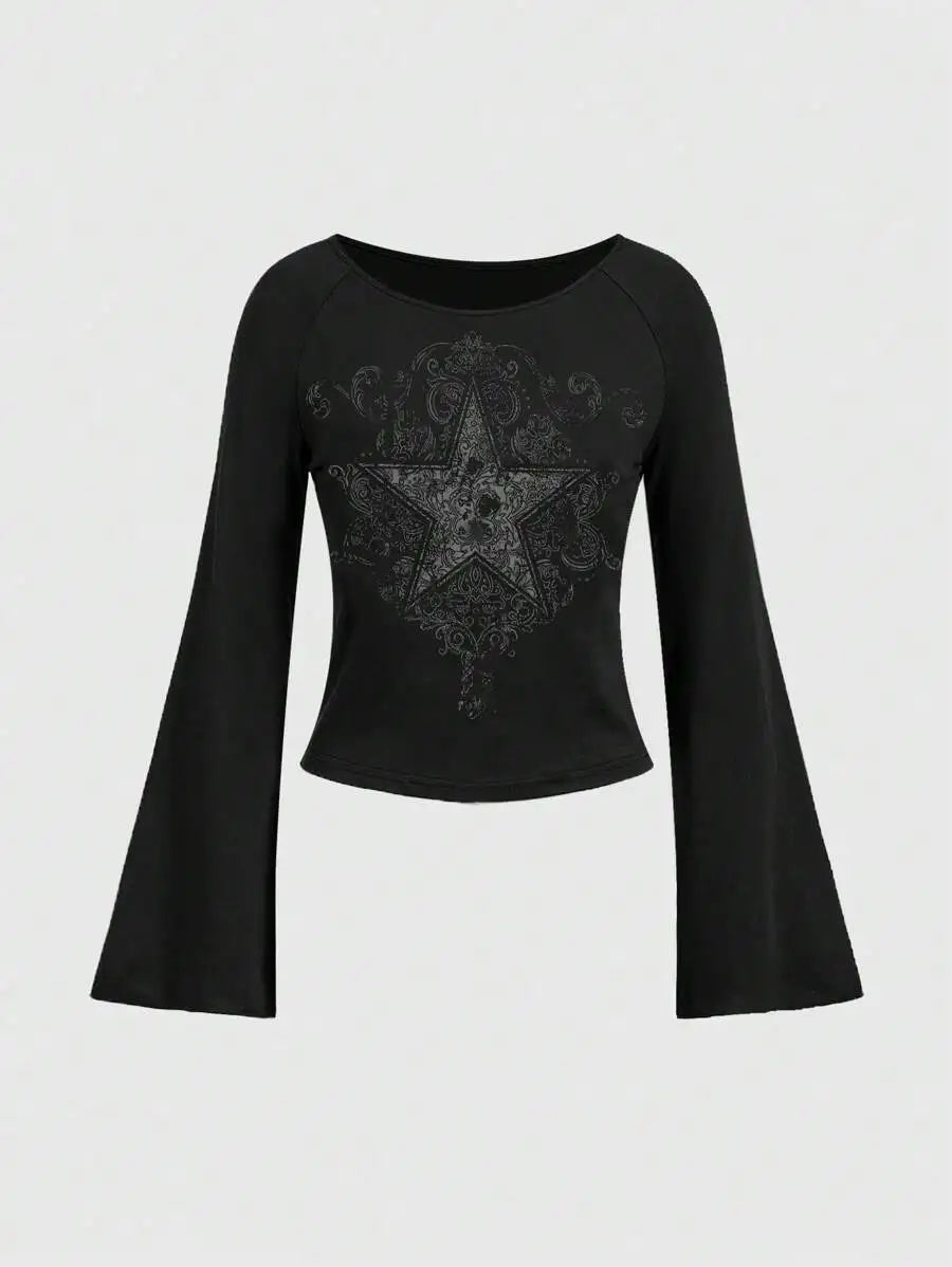 Y2K Grunge Emo Pattern Top Suitable for Autumn E-Girls Millennium Style Women's Aesthetic Gothic Printed Loose Long Sleeve T-shi