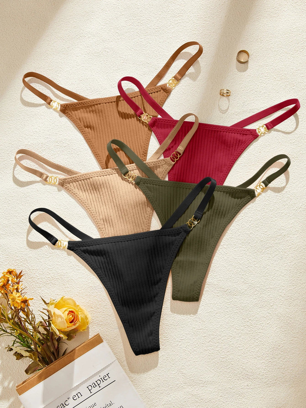 5Pcs/Set Sexy Women Panties Solid Ribbed G‑String Thong Metal Ring Soft Female Sexy Lingerie Underwear