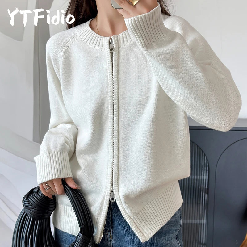 YTFidio 100% Cotton Women O-neck Thick Zipper  Solid Cardigan Luxury Designer Clothing Woman Pullover Female Tops 401