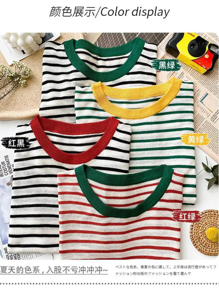 2026 Stripe Tops Women Knitted Round Collar Summer Print Short Sleeve Casual Simple Wild T-Shirt