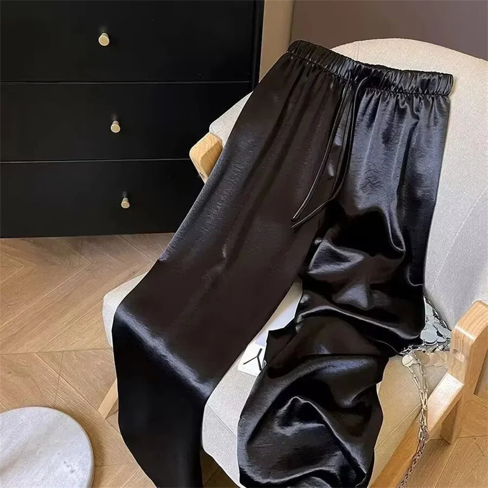 Korean Fashion High Waist Thin Wide Leg Women Summer Office Lady Solid Color Straight All-match Casual Pants Trousers Clothes