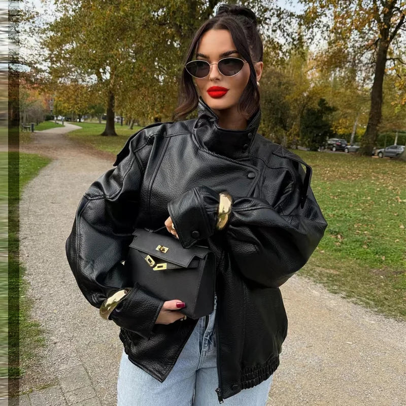 HXAO New Arrival Women's Bomber Jacket Leather Black Jackets Cropped Oversize Outerwears Zip-Up Long Sleeve Coats Outdoor Jacket