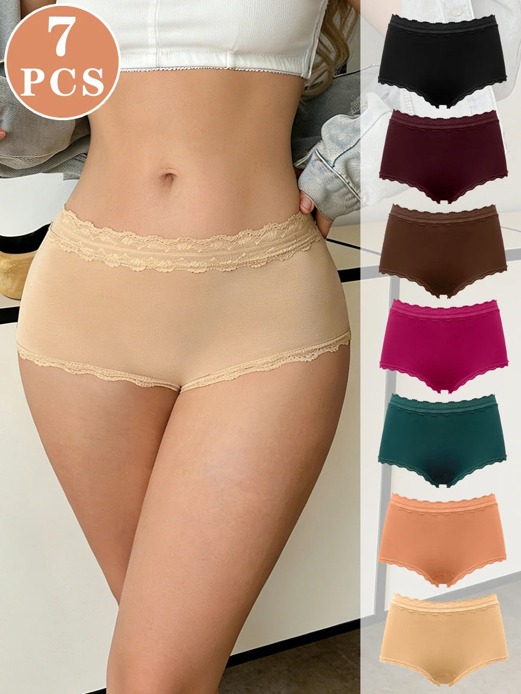 7Pcs/Set Women Lace Trim Seamless Panties Plain Sexy Lace Briefs Daily Breathable Girls Underwear Soft Plus Size Lingerie S-XXL