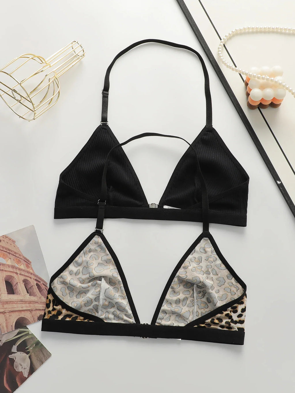 Leopard print black 2-piece set without steel rim or chest cushion women underwear with sexy straps girls' bra Lingerie MR3475
