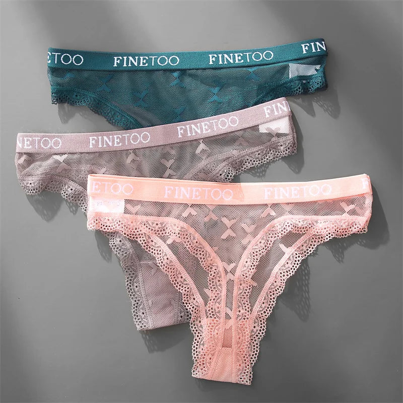 FINETOO Women Sexy Lace Low-Rise Thongs Letter Waist Transparent G-String Ladies Seamless Lingerie Hollow Out Perspective T-Back