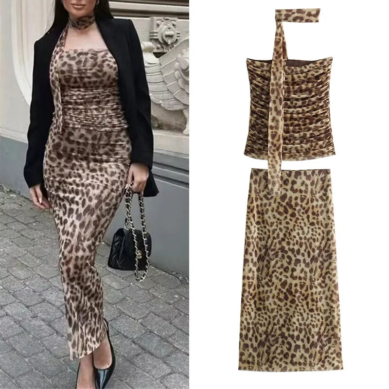 MUJER Leopard Print Tulle Crop Top Woman Ruched Off Shoulder Bandeau Top Women Sleeveless Backless Tube Top Summer Sexy Tops