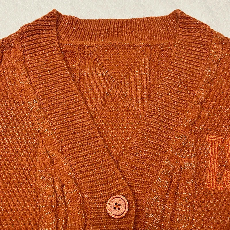 Glittery TS Cardigan Women Orange Chunky Knit Sweater with Star Embroidery Gold Thread Showgirl Cardigan Tay Cardi TLOAS