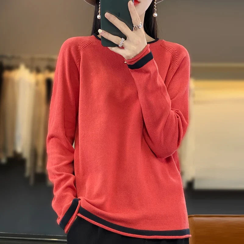 100% Cotton Knitwear Women's Round Neck Sweater Spring And Summer New Loose Color Matching Cotton And Linen Bottoming Shirt