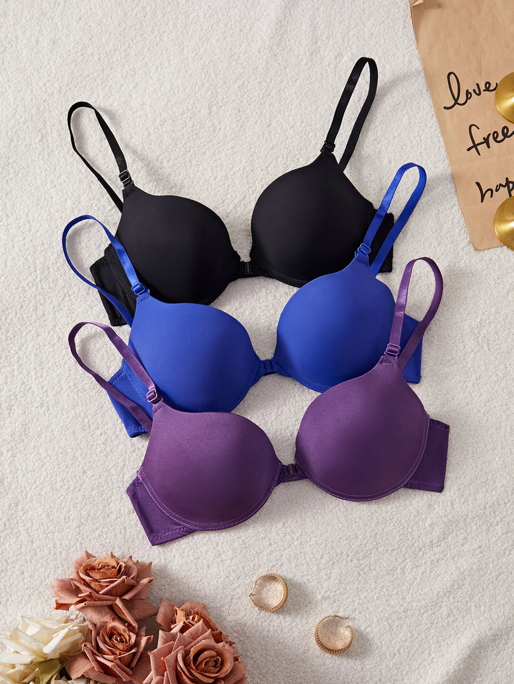 3-Pack Women's Underwear Set Everyday Basic Simple Solid Underwire Padded Push-Up Bra Casual & Comfortable T-Shirt Women's Bra