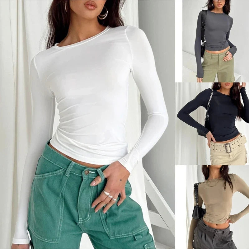 Y2k Long Sleeve T Shirt Women Spring Autumn Crop Top Casual Slim Fit Pullovers Solid O Neck T-shirts Streetwear Female Basic Tee