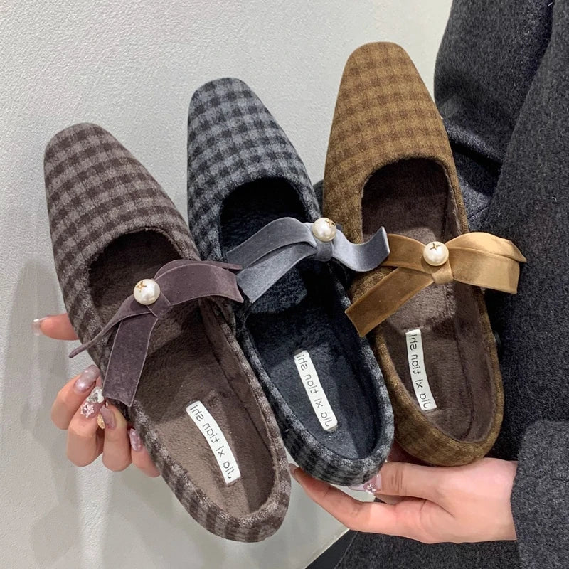 Elegant Chunky Heel Mary Jane Shoe for Women Bowknot Pearls Decoration Plaid Print Design Autumn Pumps Fashion Party Dress Heels