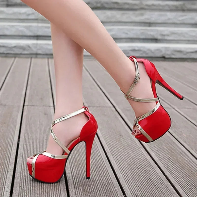 Luxury Super High Heels Sandals Women Sexy Hollow Out Peep Toe Buckle Strap Platform Pumps Plus Size Shoes 46 Pole Dance Heels