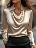 Spring and Autumn Plus-Size Long-Sleeved Satin Shirt, Round Neck with Pleated Draped Collar, Elegant and Stylish Office and Outdoor Wear Top