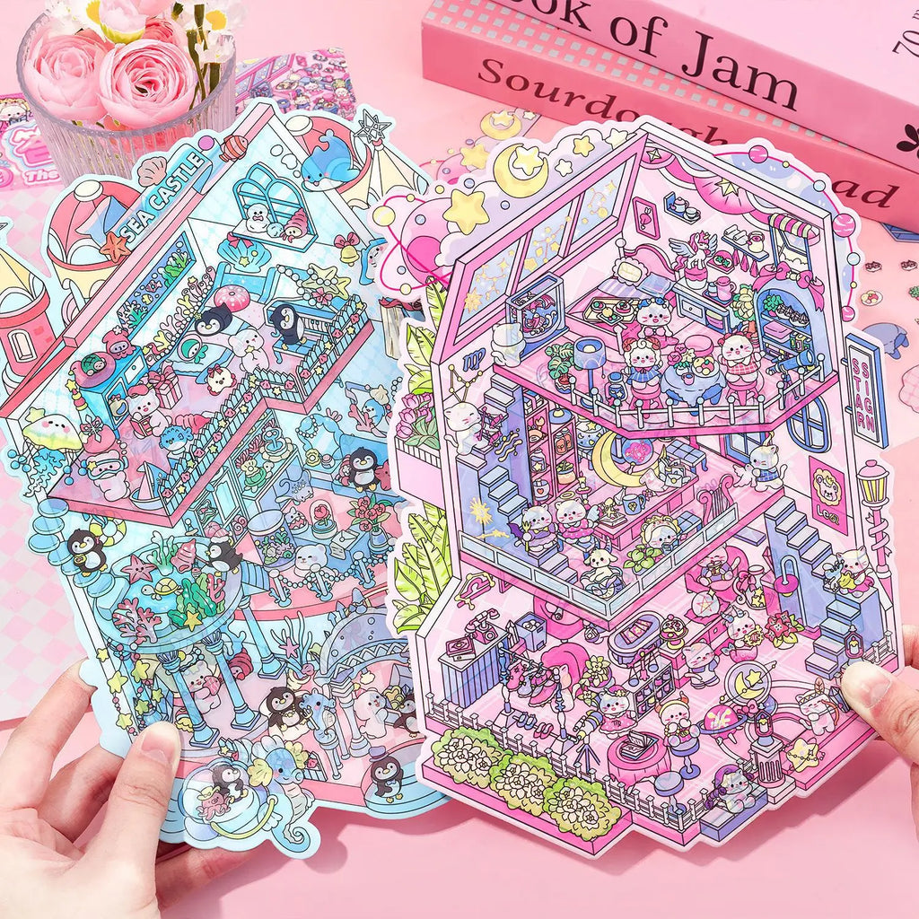 Plus Size 2.5D Cartoon Castle Town Landscape Sticker Scene DIY Toy Game Sticker Festival Birthday Gift for Kid Child Girl