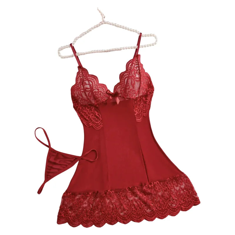 Women Sexy Lingerie Set See-through Deep V Slip Dress Thong Elegant Comfortable. Bow Design Sexy Lace Red Bra Panty Pijamas Set
