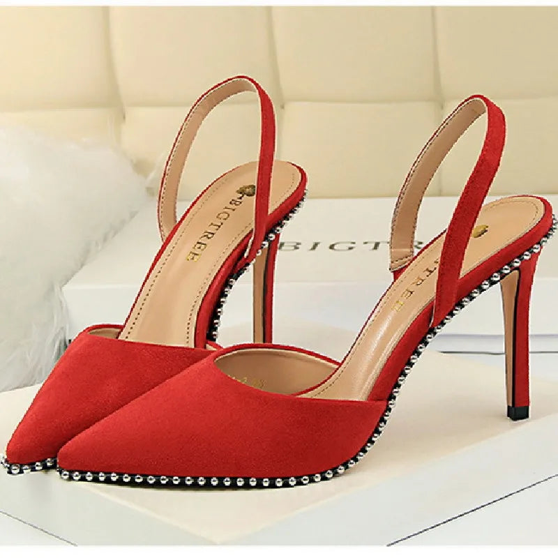 Branded Rivet Studded Beaded Design Sandals Women Summer Sexy Pointed Toe Thin High Heels Elegant Wedding Slide Pumps for Ladies