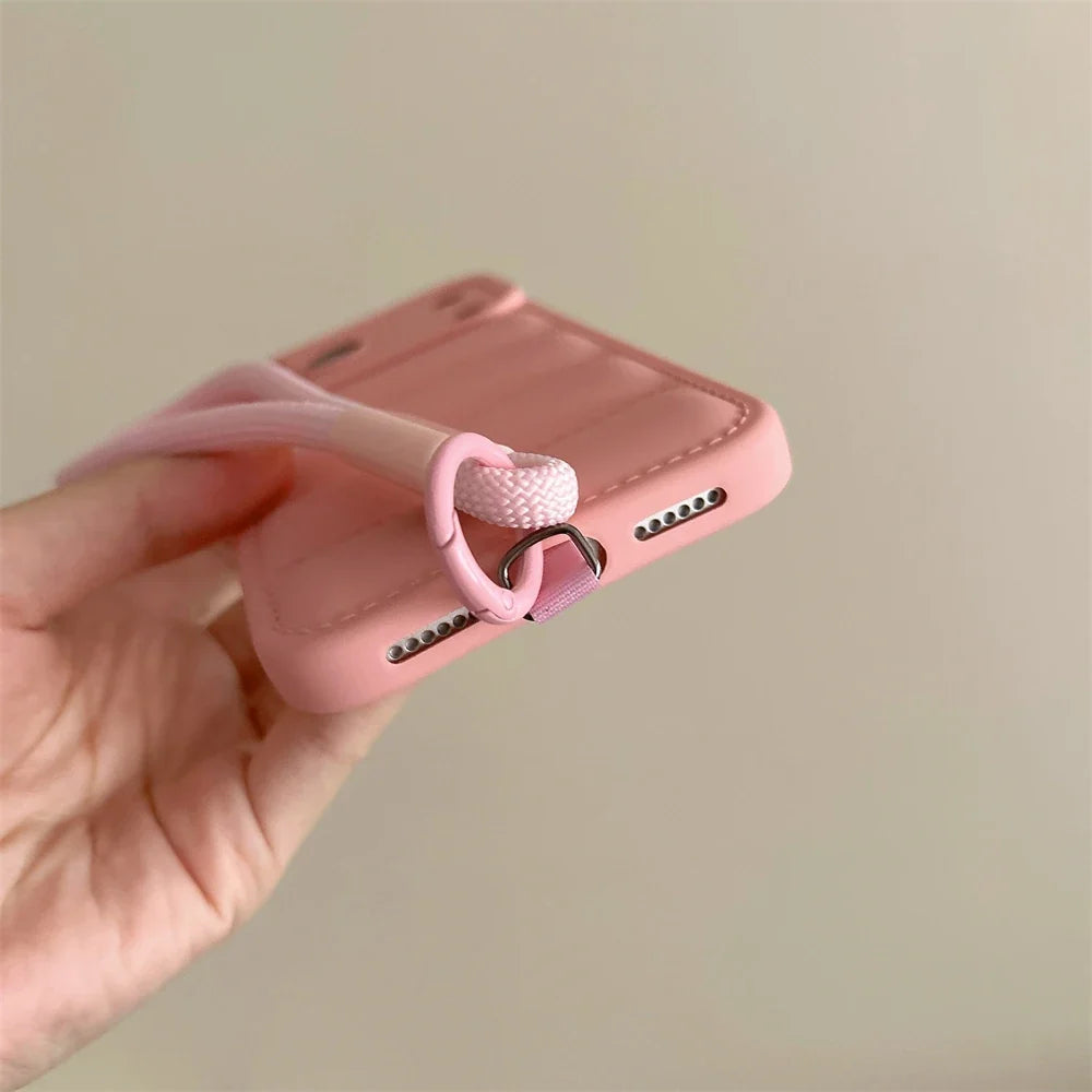 Soft Down Jacket Silicone Case For iPhone 17 16 15 14 13 12 11 Pro Max Plus Air Shockproof Camera Protection Wrist Strap Cover