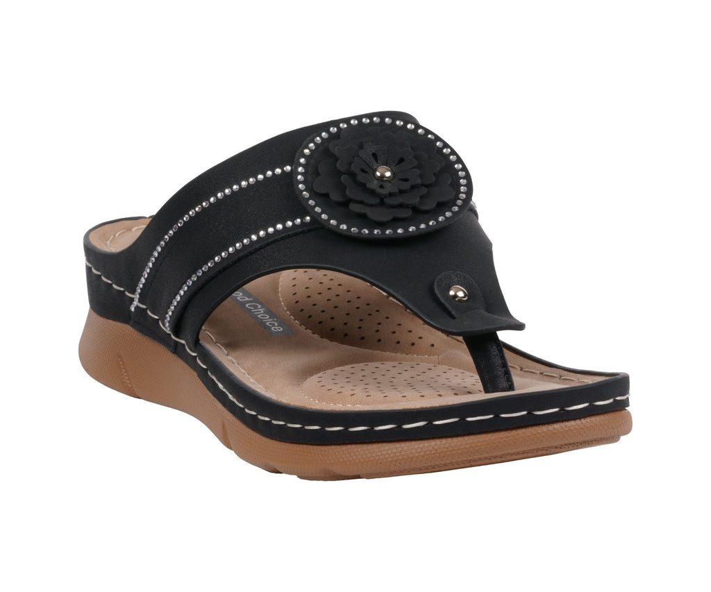Women's Vickie Black Flower Thong Flat Comfort Sandals