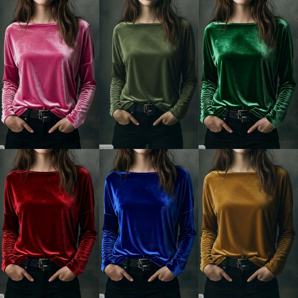 Female Solid Color Loose Fit Crew-neck Pullover Velvet T-shirt