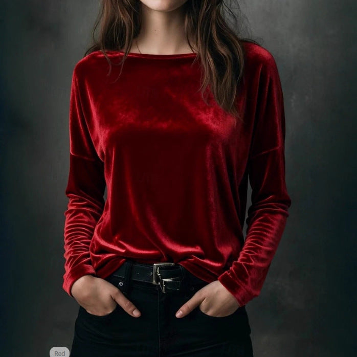 Female Solid Color Loose Fit Crew-neck Pullover Velvet T-shirt