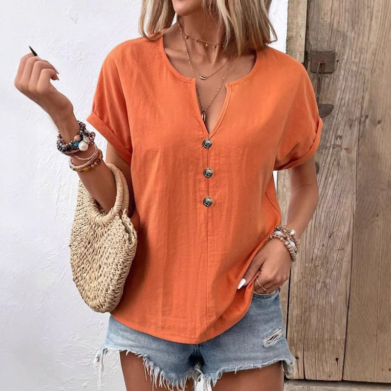 Women's Buttoned V-neck Short-sleeve T-shirt Top