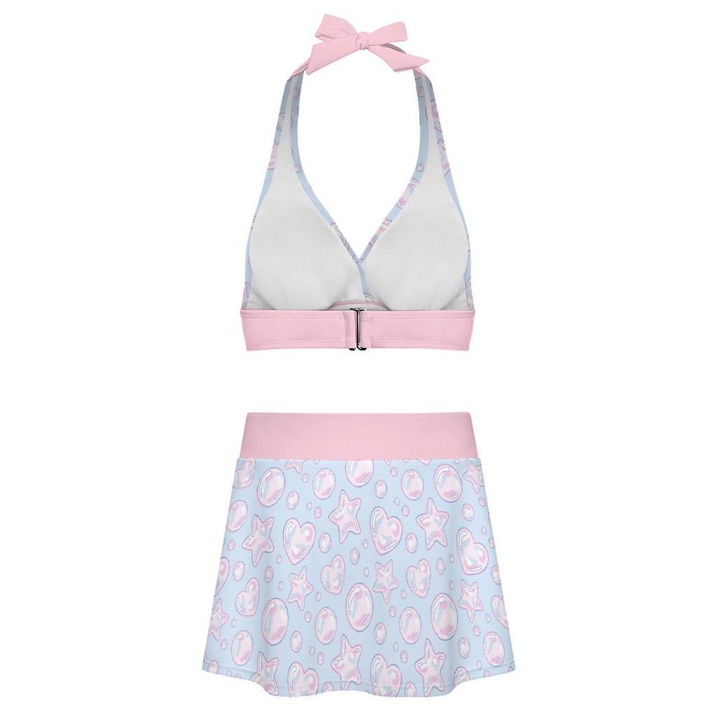 Kawaii Bubbles Halter Skirt Swimsuit Set