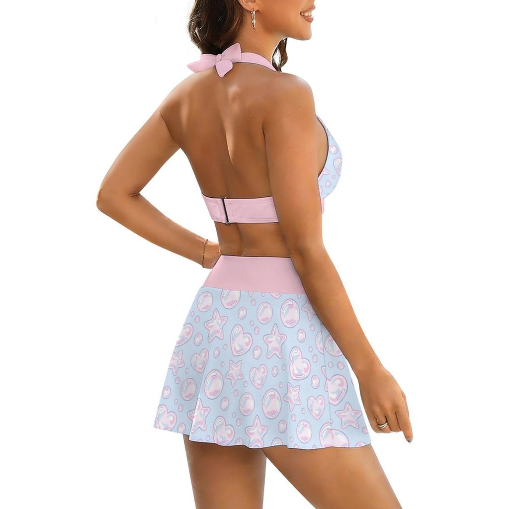 Kawaii Bubbles Halter Skirt Swimsuit Set