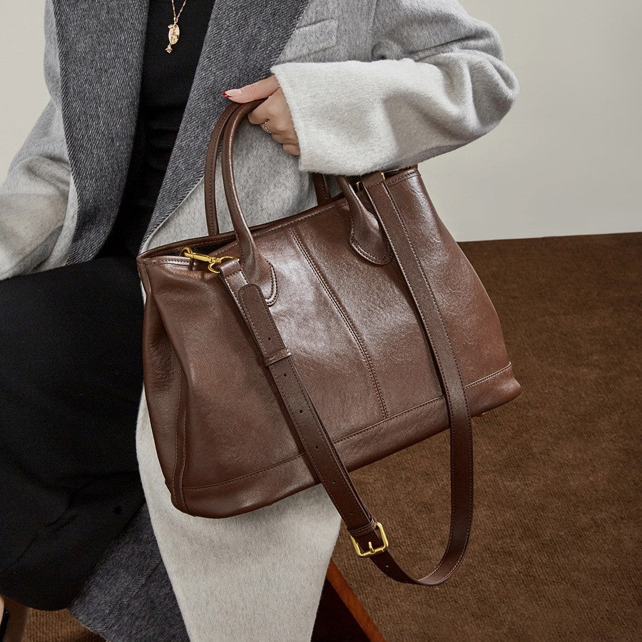 Simple High-Capacity Top-Grain Leather ToteCrossbody Bag For Women