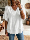 Casual Women's Shirt V-Neck Short Sleeve Loose Fit Pure Color Summer Fashion Trend Pullover Tops For Daily Wear