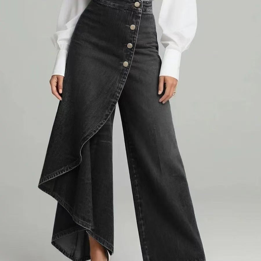 Denim Skort With Button Closure And Washed Finish For Women