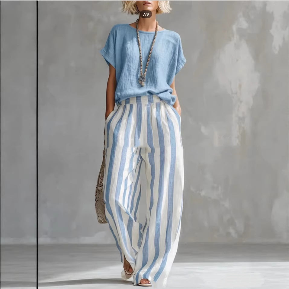 Short-sleeved Trousers Suit Summer Fashion Round Neck Pullover T-Shirt And Striped Print Straight Leg Pants Two-Piece Clothing For Women