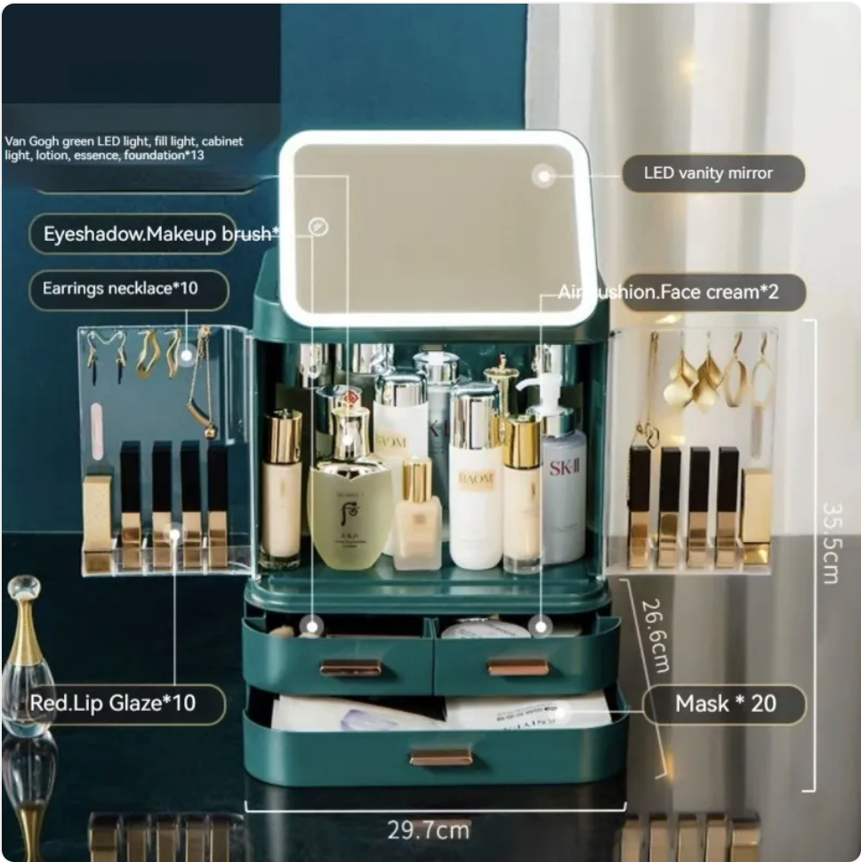 Large-Capacity Desktop Makeup Organizer with Mirror and Light