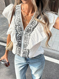 Ruffled V-neck Single-breasted Short-sleeve Top