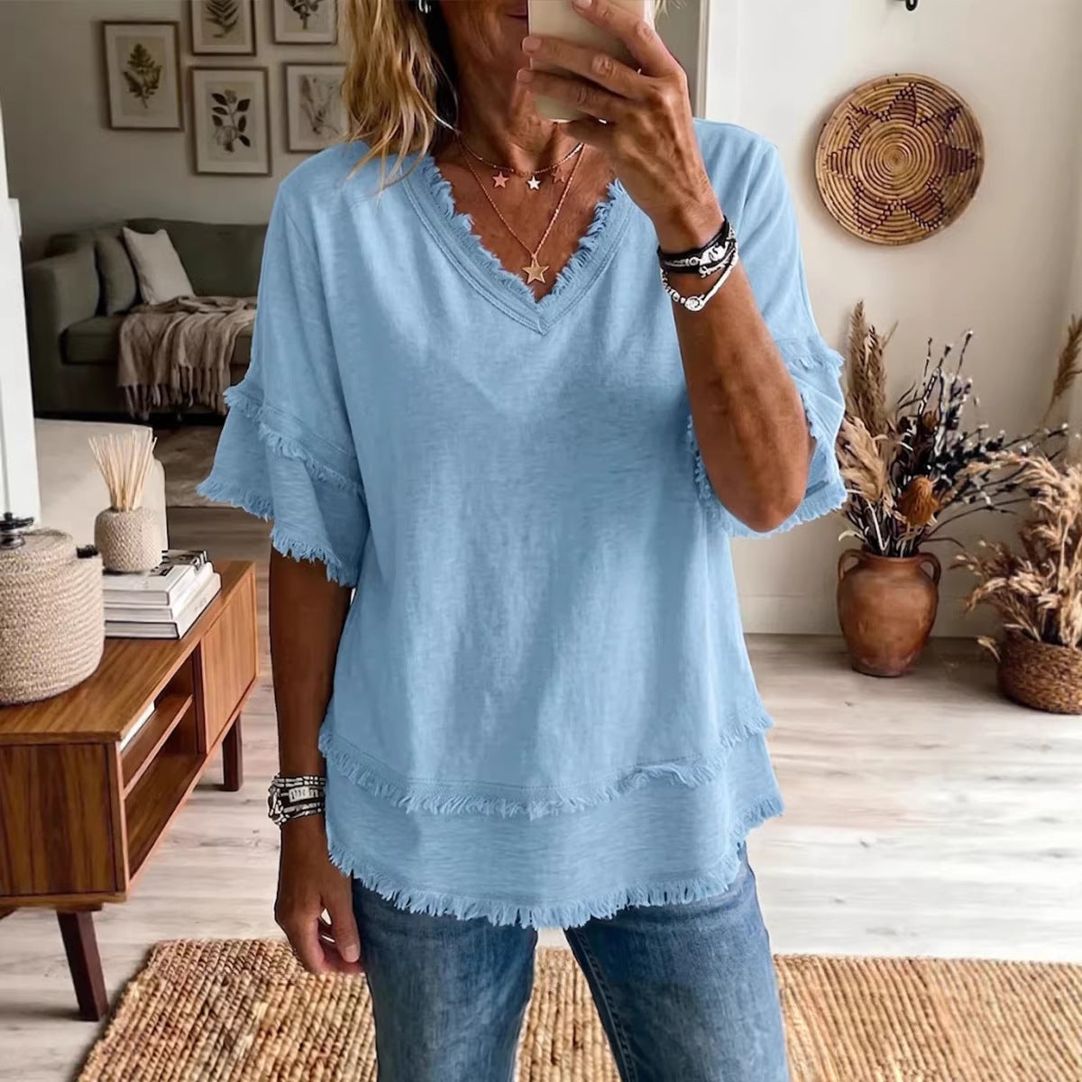 Casual Women's Shirt V-Neck Short Sleeve Loose Fit Pure Color Summer Fashion Trend Pullover Tops For Daily Wear