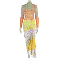 Waist-cinching High-neck Long-sleeve Spliced Slightly Sheer Dress