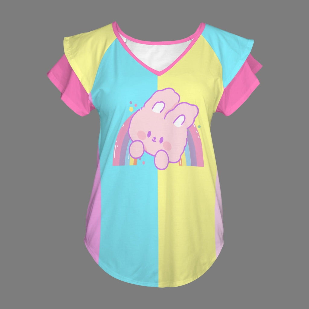 Kawaii Bunny Rainbow Ruffle V-Neck Play Tee