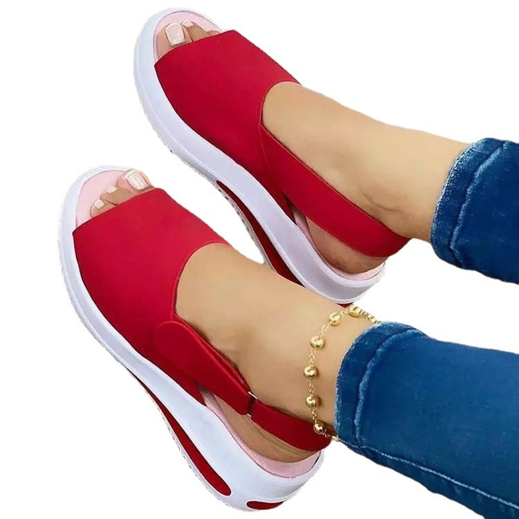 Large Size Thick Sole Heightening Women's Single Shoes Velcro Casual Fish Mouth Sandals