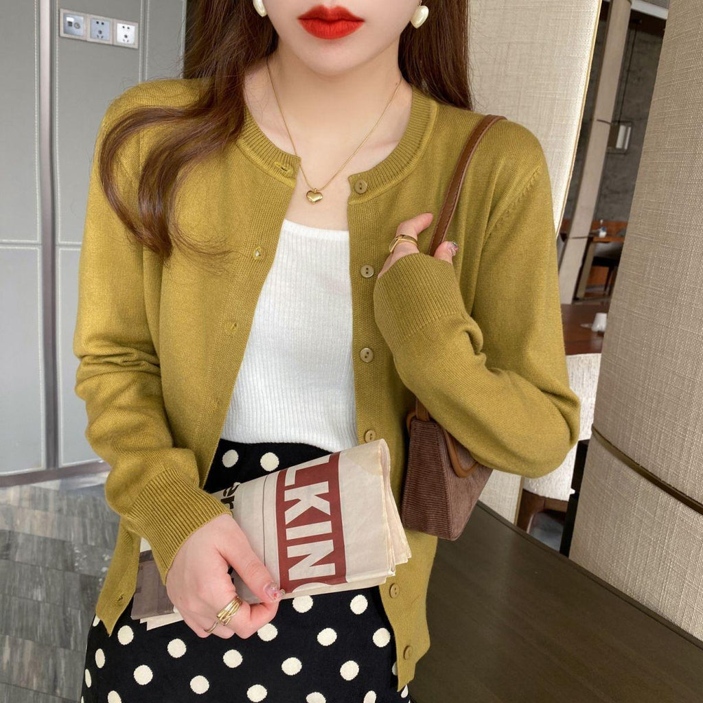 Women's Slimming Round-Neck Long-Sleeve Knitted Cardigan