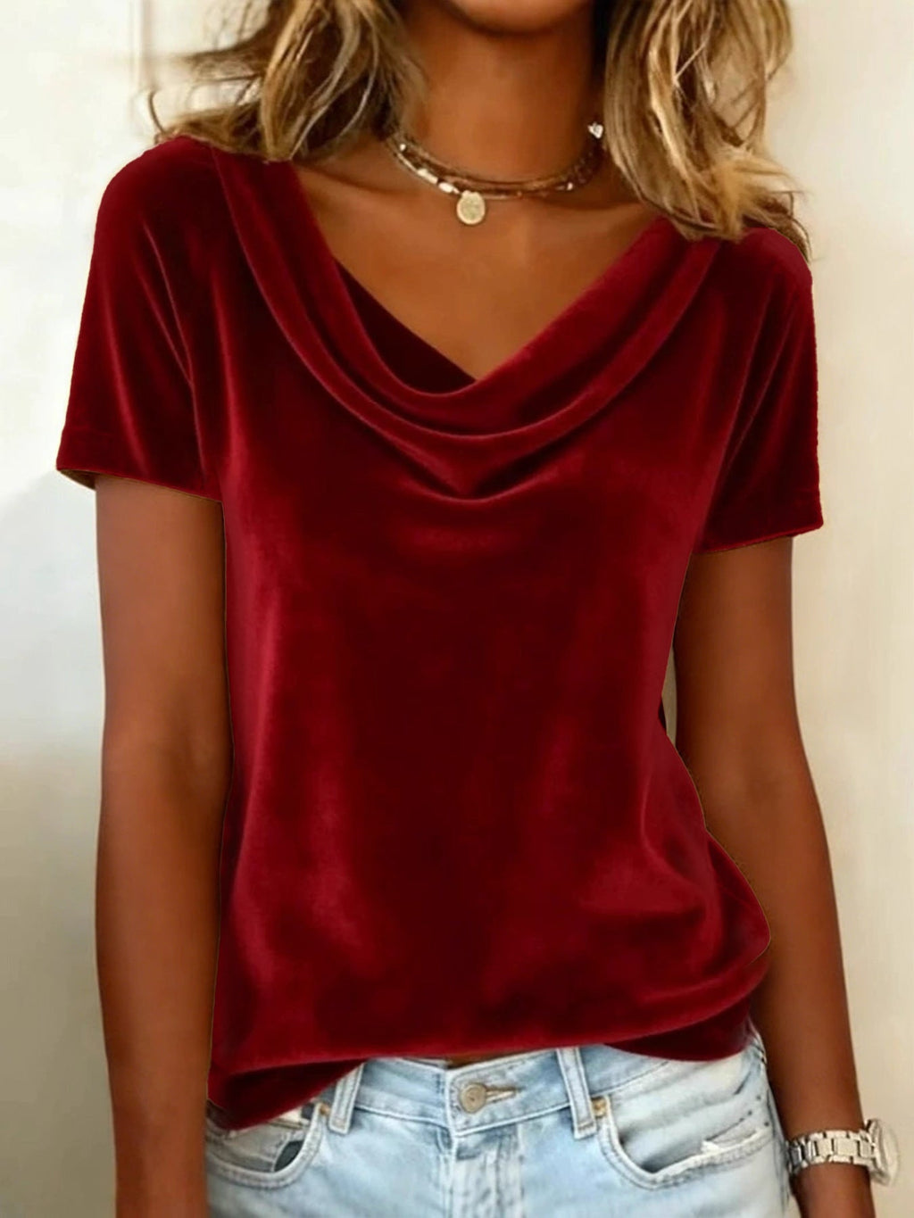 Womens New Solid-Colored Scoop-Neck Short-Sleeve Sexy Velvet T-Shirt