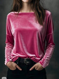 Female Solid Color Loose Fit Crew-neck Pullover Velvet T-shirt