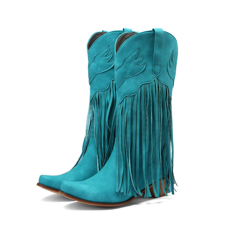 Womens Retro Mid-Calf Chunky Heel Round-Toe Boots