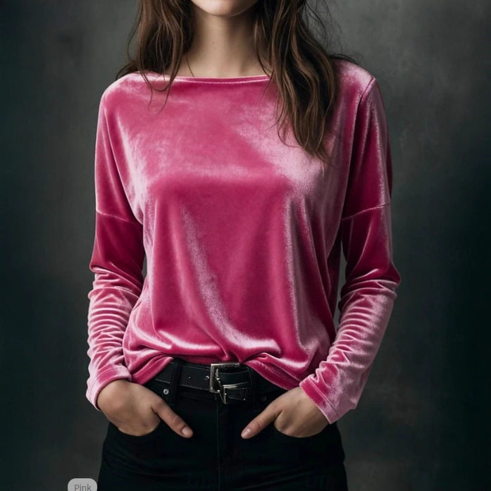 Female Solid Color Loose Fit Crew-neck Pullover Velvet T-shirt