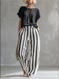 Short-sleeved Trousers Suit Summer Fashion Round Neck Pullover T-Shirt And Striped Print Straight Leg Pants Two-Piece Clothing For Women