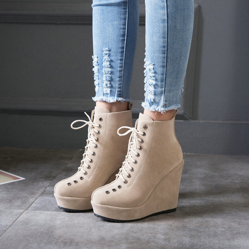 High-heeled Sponge Cake Was Thin Suede Lace-up Martin Boots Women