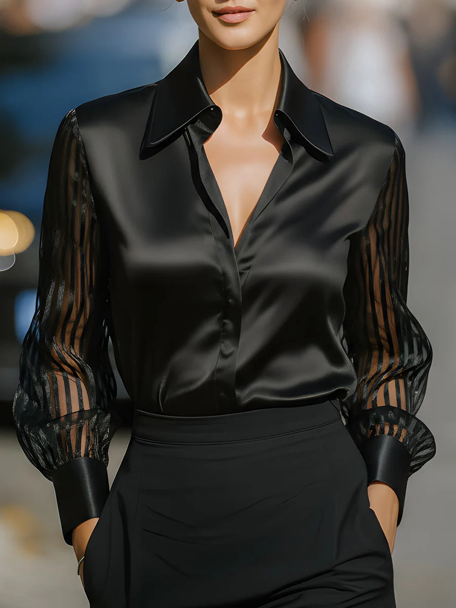 Solid Color Versatile Loose Satin Long Sleeve Shirt Women